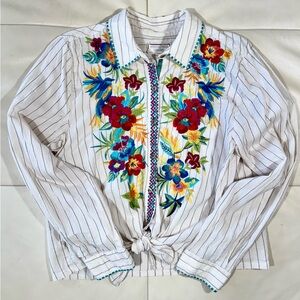 Johnny Was Workshop Striped Button Up Tie Front Top with Colorful Embroidery